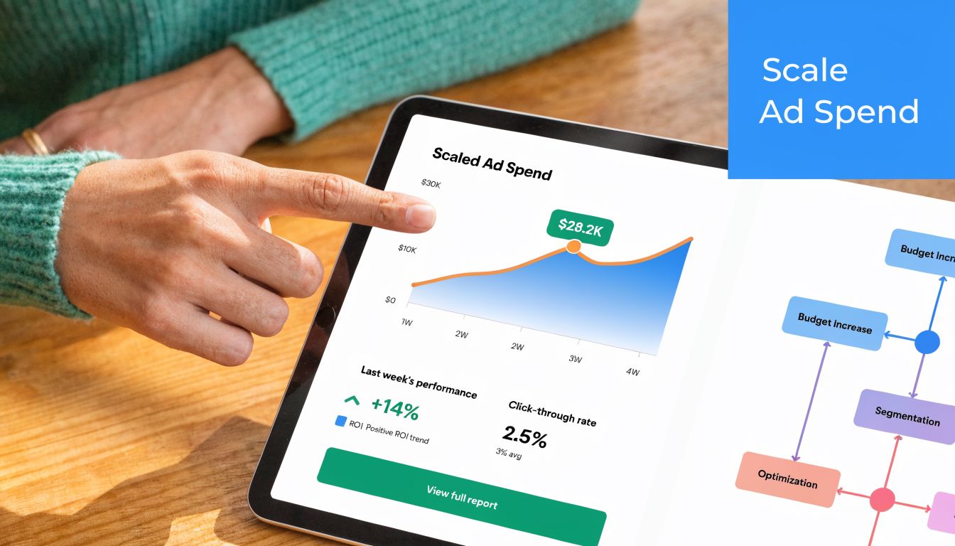 A person using a tablet to analyze digital marketing data including ad spend performance and metrics.