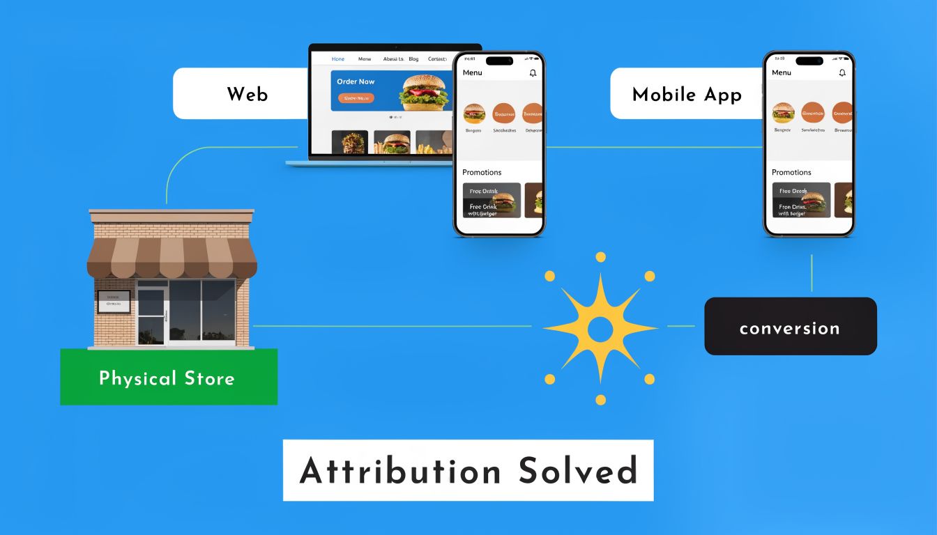 A diagram illustrating how web and mobile app interactions lead to physical store conversions and attribution.