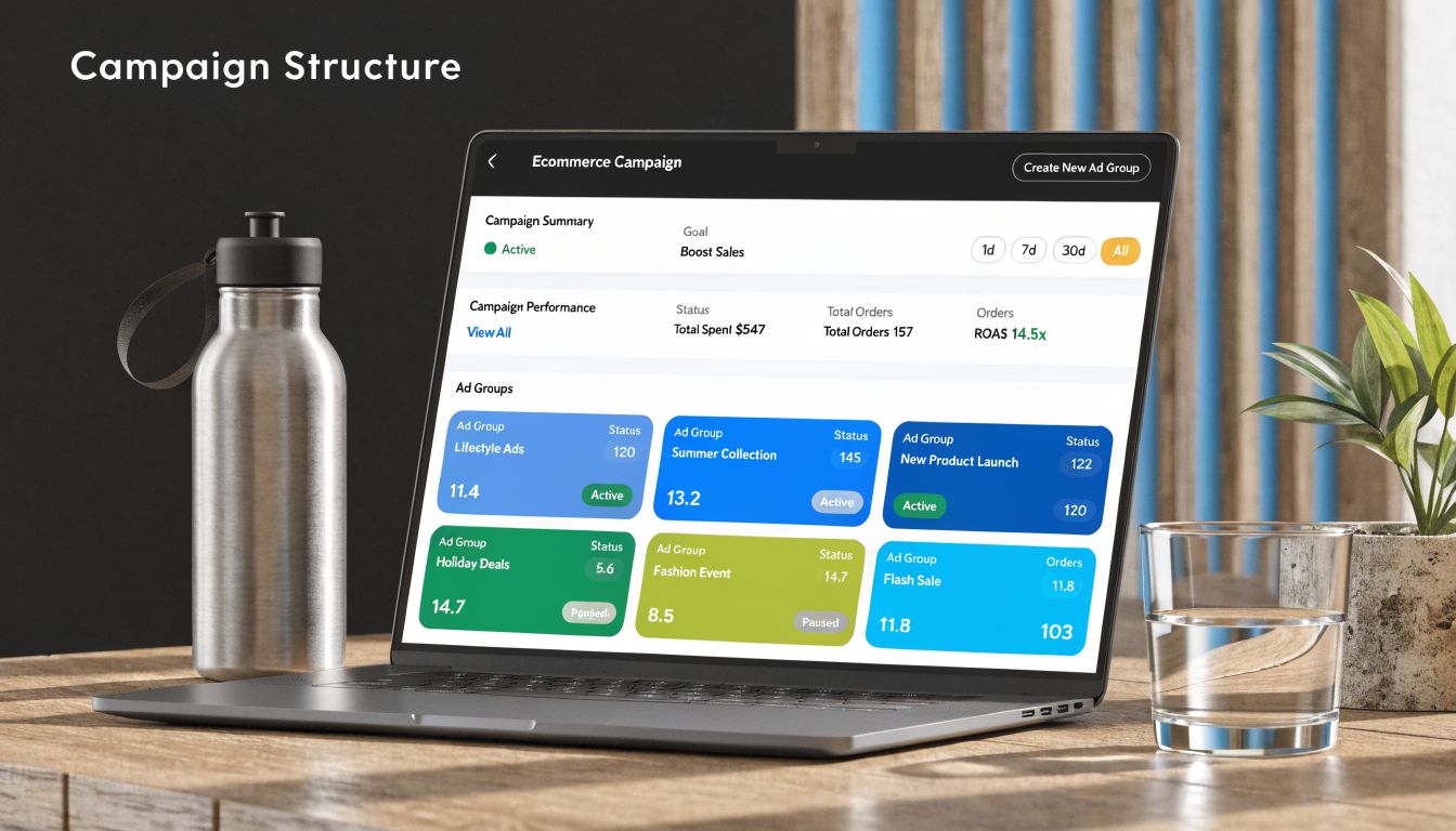 A laptop screen displaying an ecommerce ad campaign dashboard with performance metrics and active ad groups.